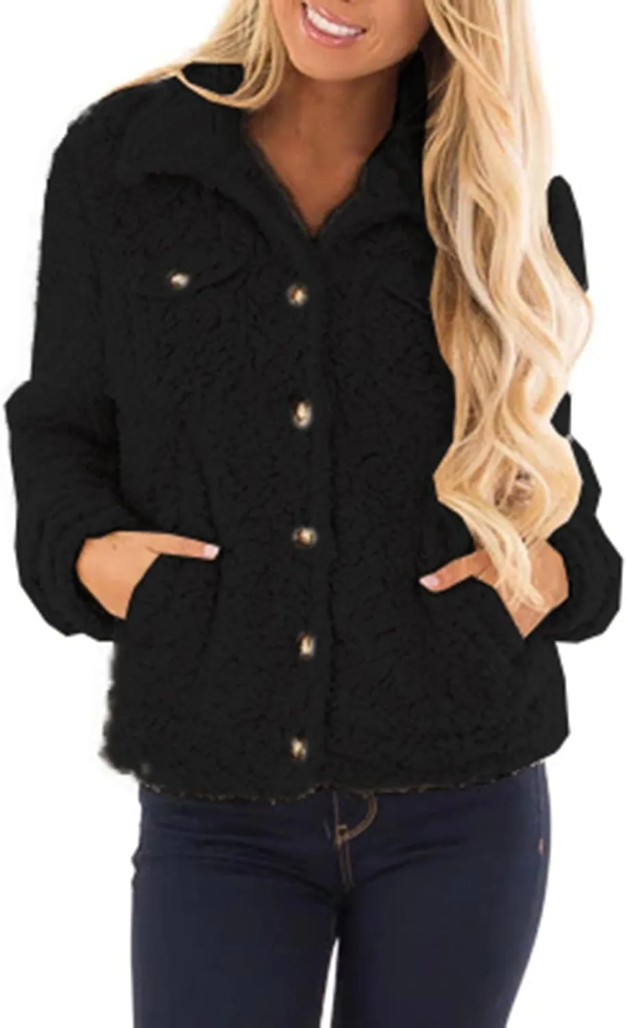 2024 Womens Sherpa Fleece Coats Winter Warm Soft Button Up Woolen Jackets Fuzzy Shacket Plus Size Short Outwear Cardigan