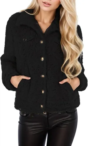 2024 Womens Sherpa Fleece Coats Winter Warm Soft Button Up Woolen Jackets Fuzzy Shacket Plus Size Short Outwear Cardigan