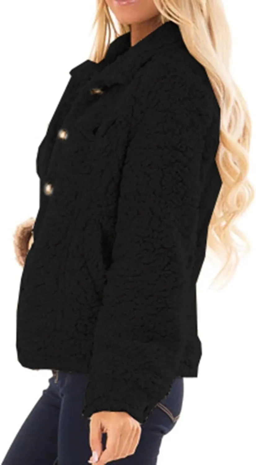 2024 Womens Sherpa Fleece Coats Winter Warm Soft Button Up Woolen Jackets Fuzzy Shacket Plus Size Short Outwear Cardigan