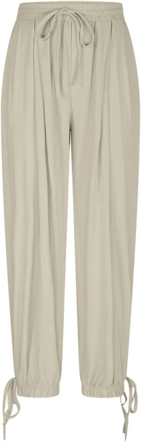 2025 Summer Linen Pants for Womens Baggy Cropped Trousers Drawstring High Waist Lounge Pants Beach Slacks with Pockets