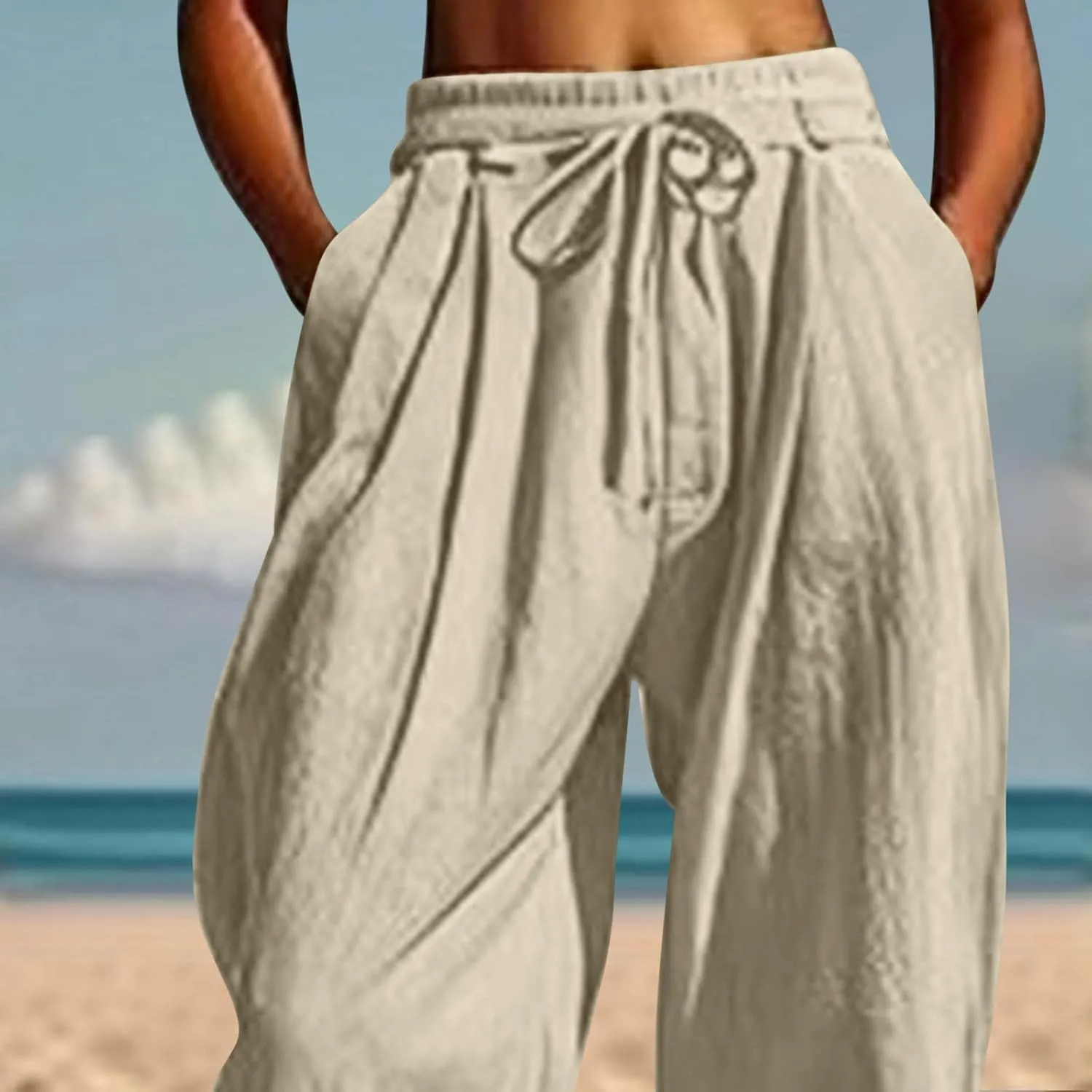 2025 Summer Linen Pants for Womens Baggy Cropped Trousers Drawstring High Waist Lounge Pants Beach Slacks with Pockets