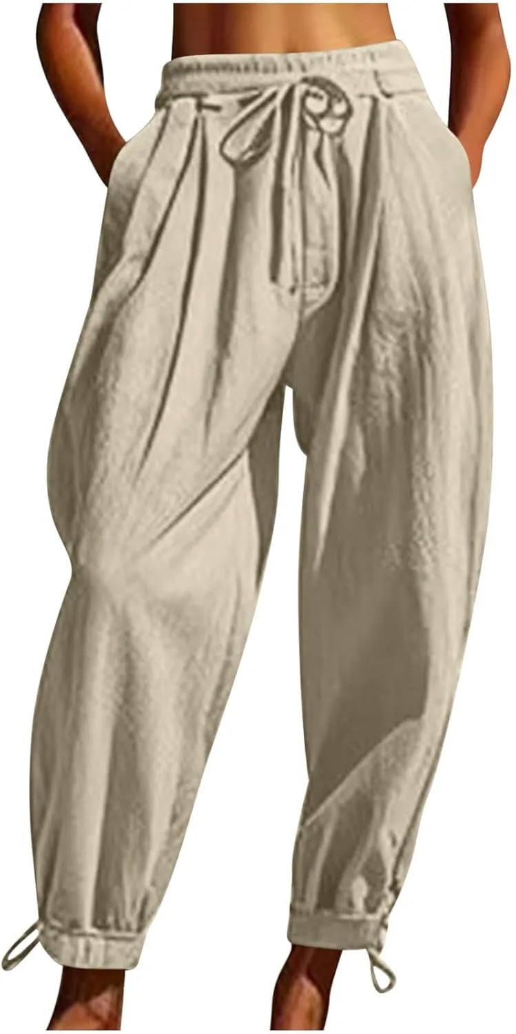 2025 Summer Linen Pants for Womens Baggy Cropped Trousers Drawstring High Waist Lounge Pants Beach Slacks with Pockets