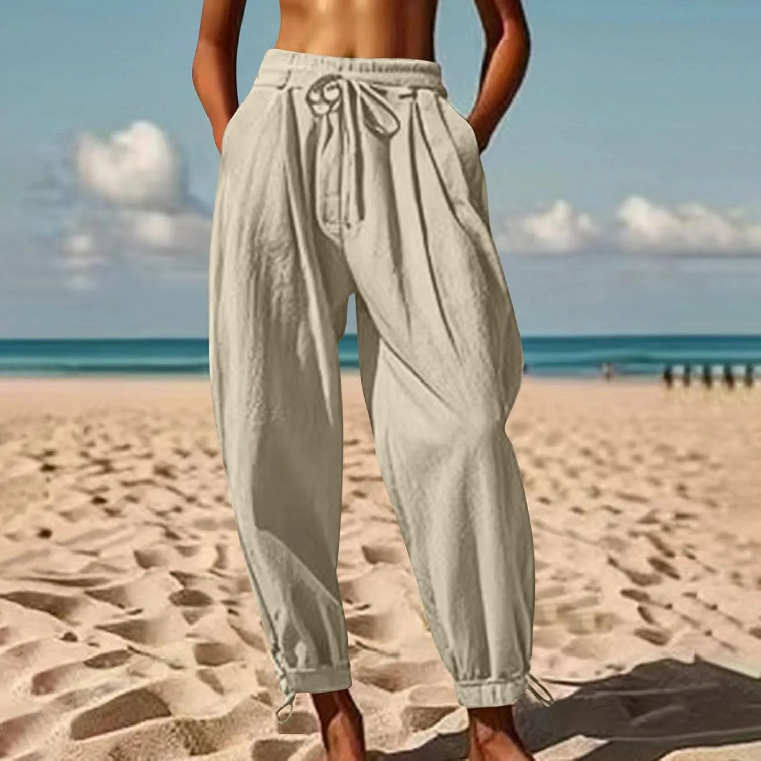 2025 Summer Linen Pants for Womens Baggy Cropped Trousers Drawstring High Waist Lounge Pants Beach Slacks with Pockets