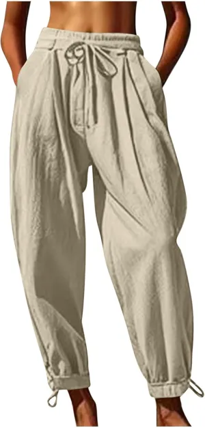 2025 Summer Linen Pants for Womens Baggy Cropped Trousers Drawstring High Waist Lounge Pants Beach Slacks with Pockets