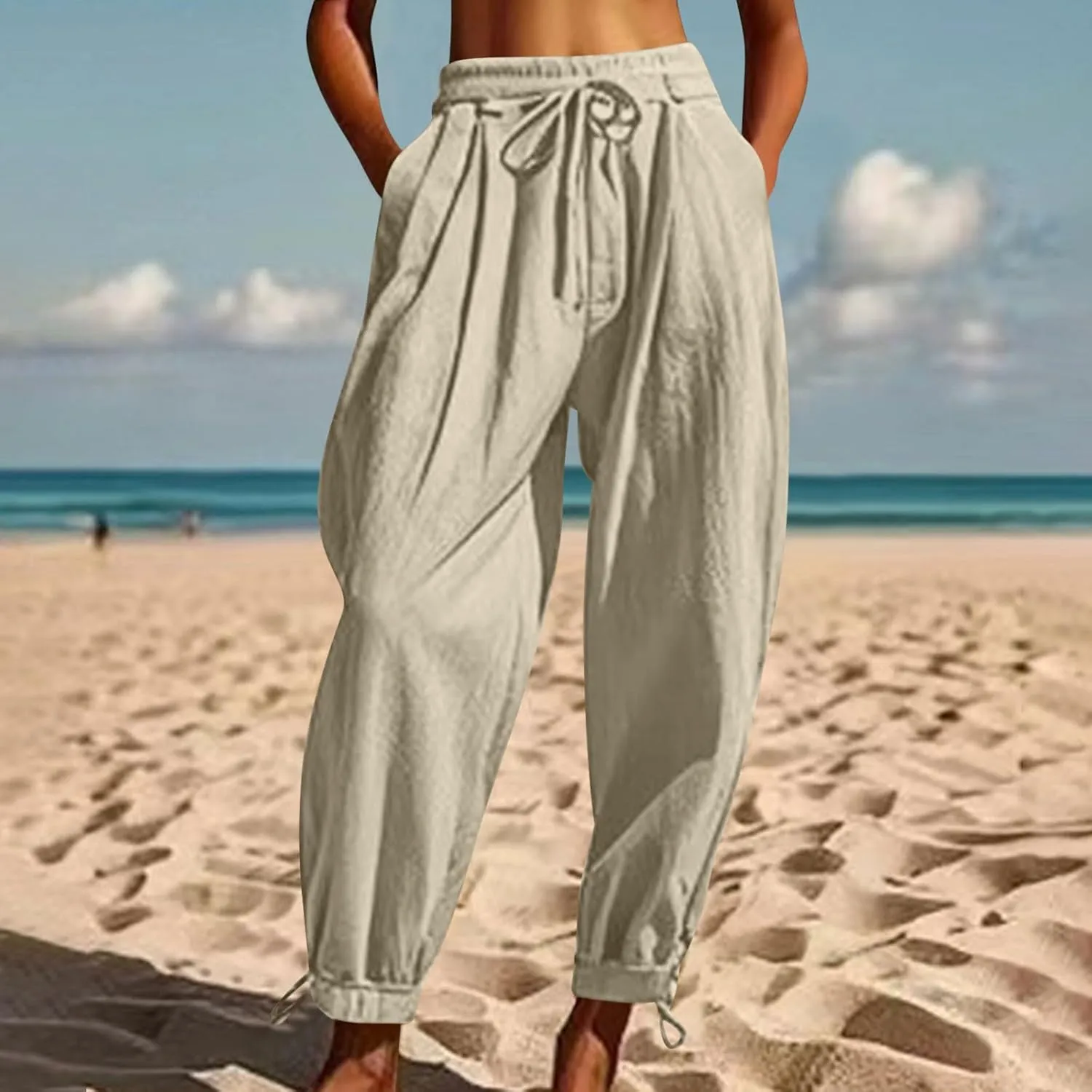 2025 Summer Linen Pants for Womens Baggy Cropped Trousers Drawstring High Waist Lounge Pants Beach Slacks with Pockets