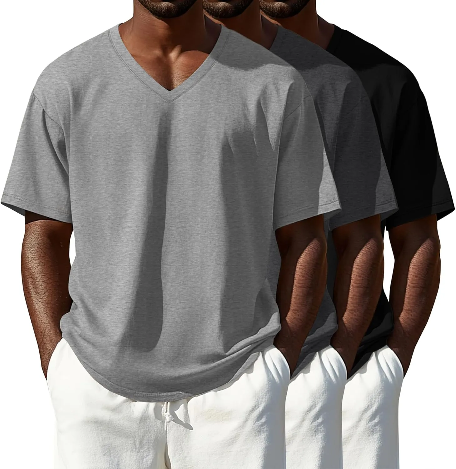 3 Pack Men's 95% Cotton Big and Tall Shirts V Neck L-5xl Plus Size Short Sleeve Soft Casual 2025 Summer Tee