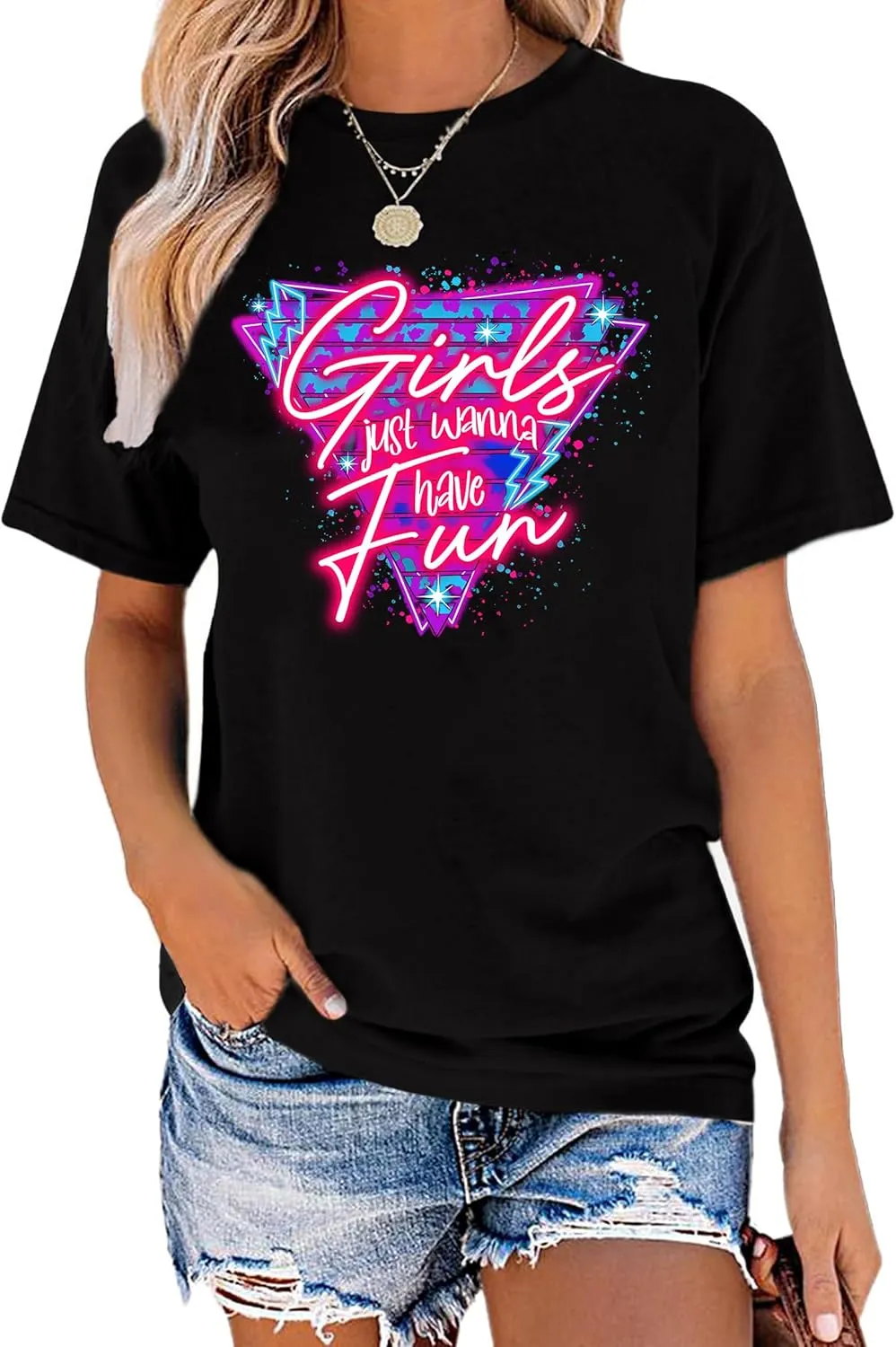 80's Shirts for Women 80s Neon Music Graphic T-Shirt Hip Hop 80S Party Outfits Girls I Love The 80's T-Shirt