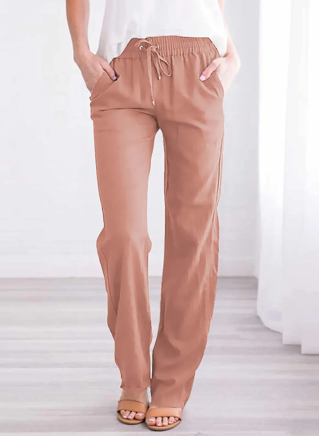 Acelitt Womens Casual Linen Pants Lightweight Drawstring Elastic Waist Spring Summer Beach Slacks Comfy Trousers