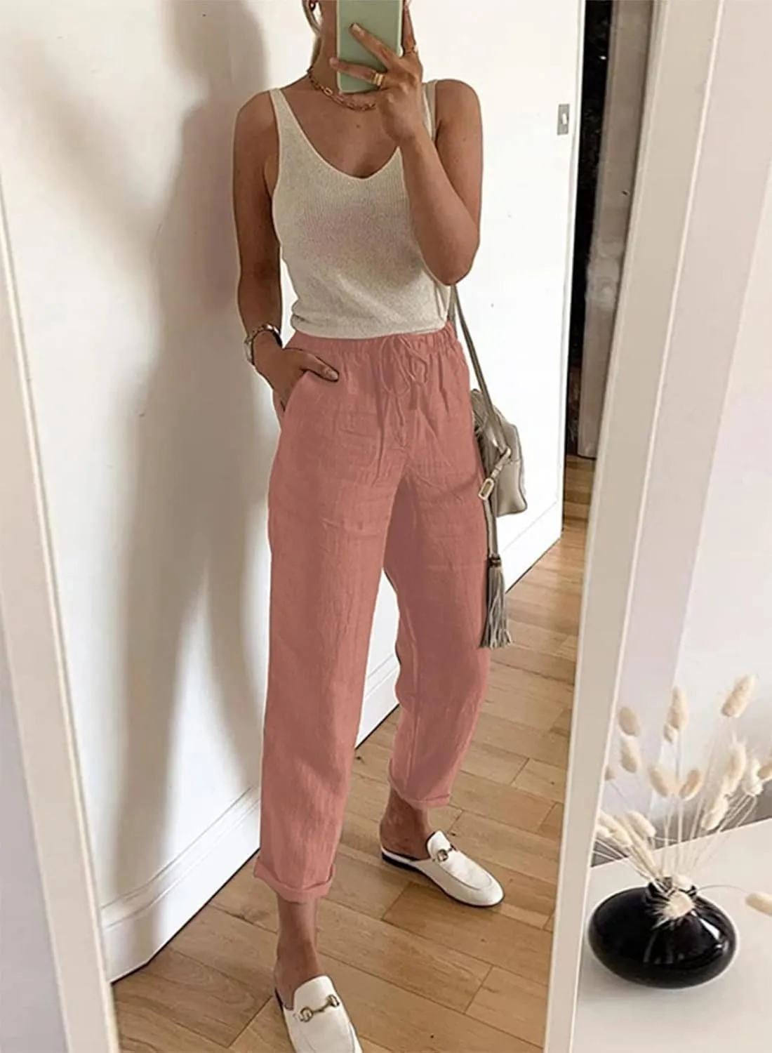 Acelitt Womens Casual Linen Pants Lightweight Drawstring Elastic Waist Spring Summer Beach Slacks Comfy Trousers