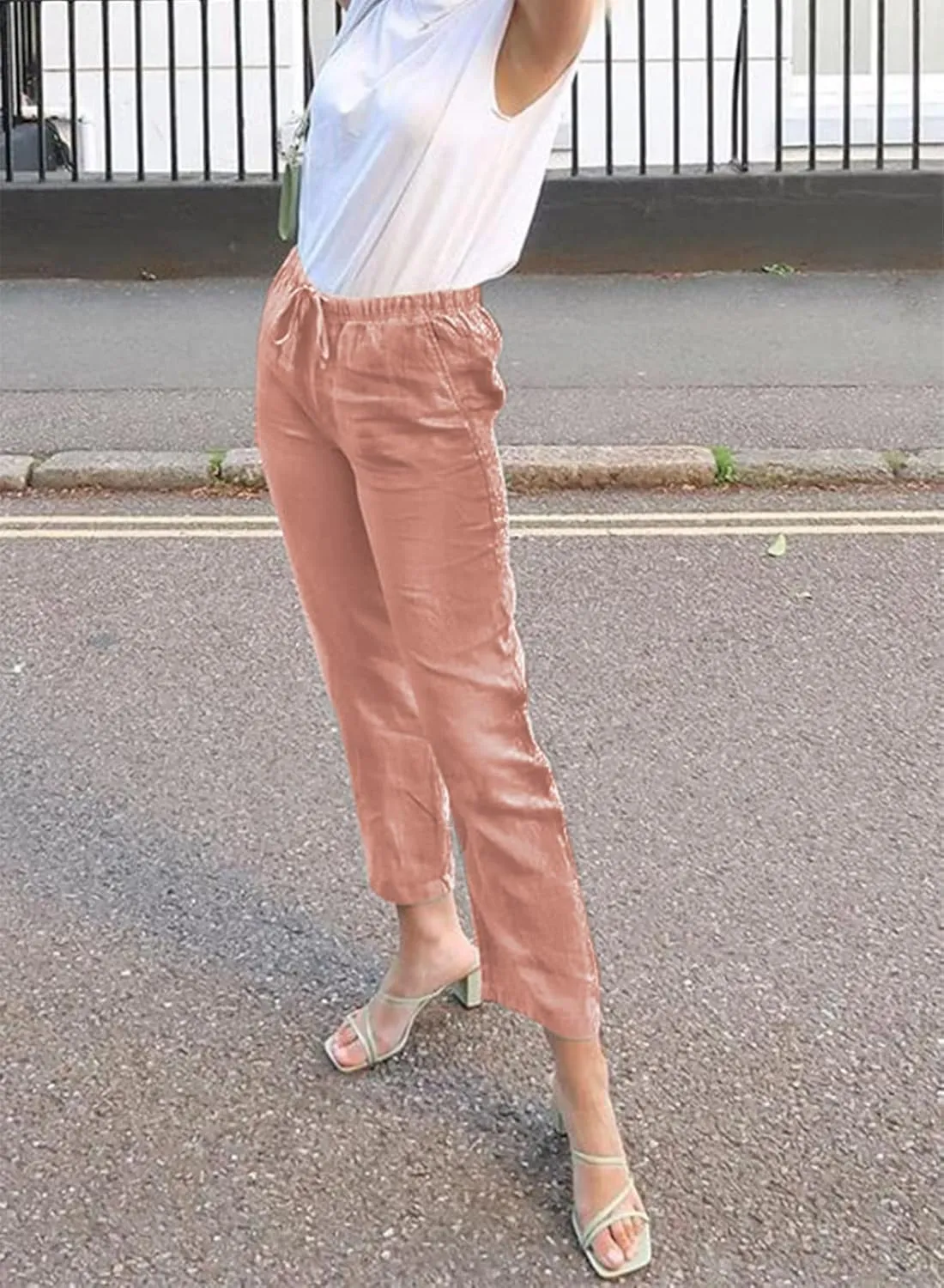 Acelitt Womens Casual Linen Pants Lightweight Drawstring Elastic Waist Spring Summer Beach Slacks Comfy Trousers