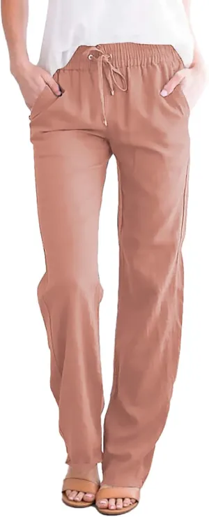 Acelitt Womens Casual Linen Pants Lightweight Drawstring Elastic Waist Spring Summer Beach Slacks Comfy Trousers