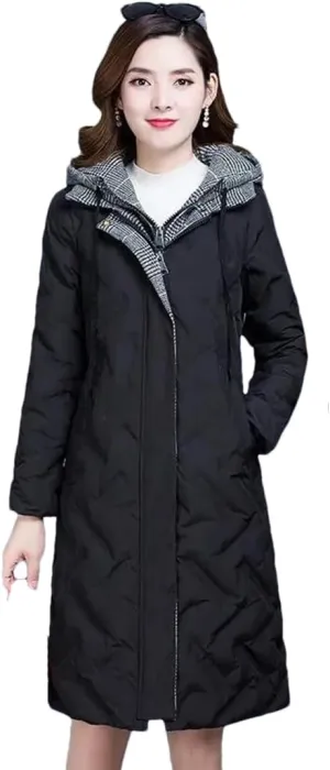 Adhdyuud Womens With Pocket Solid Hooded Long Cotton Padded Coats Business Thicken Warm Slim Jacket