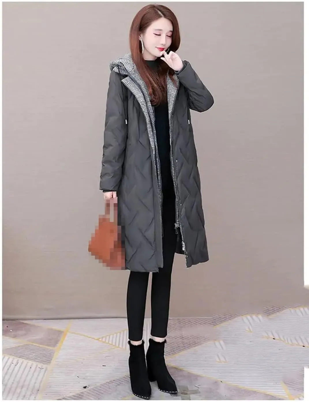 Adhdyuud Womens With Pocket Solid Hooded Long Cotton Padded Coats Business Thicken Warm Slim Jacket