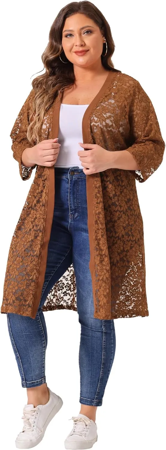 Agnes Orinda Plus Size Cardigans for Women Lace Cardigan Lightweight Crochet 3/4 Sleeve Cover Up Jacket