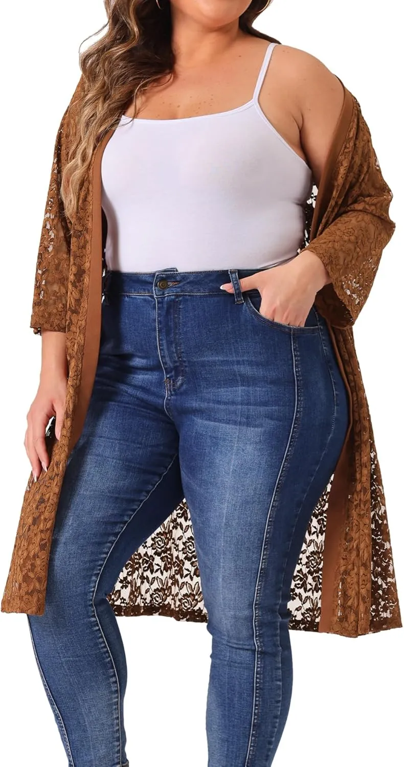 Agnes Orinda Plus Size Cardigans for Women Lace Cardigan Lightweight Crochet 3/4 Sleeve Cover Up Jacket