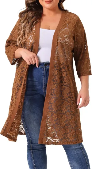 Agnes Orinda Plus Size Cardigans for Women Lace Cardigan Lightweight Crochet 3/4 Sleeve Cover Up Jacket