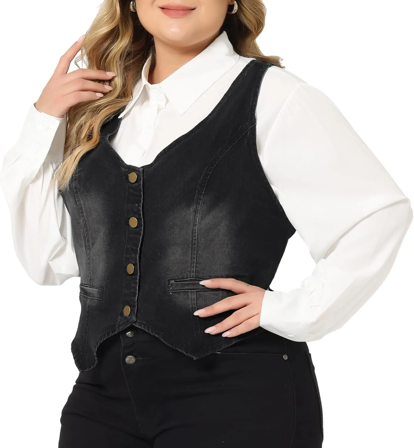 Agnes Orinda Plus Size Denim Vest Top for Women Button Down Waistcoat Casual Sleeveless Jean Jacket Vests