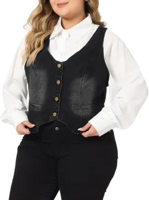Agnes Orinda Plus Size Denim Vest Top for Women Button Down Waistcoat Casual Sleeveless Jean Jacket Vests