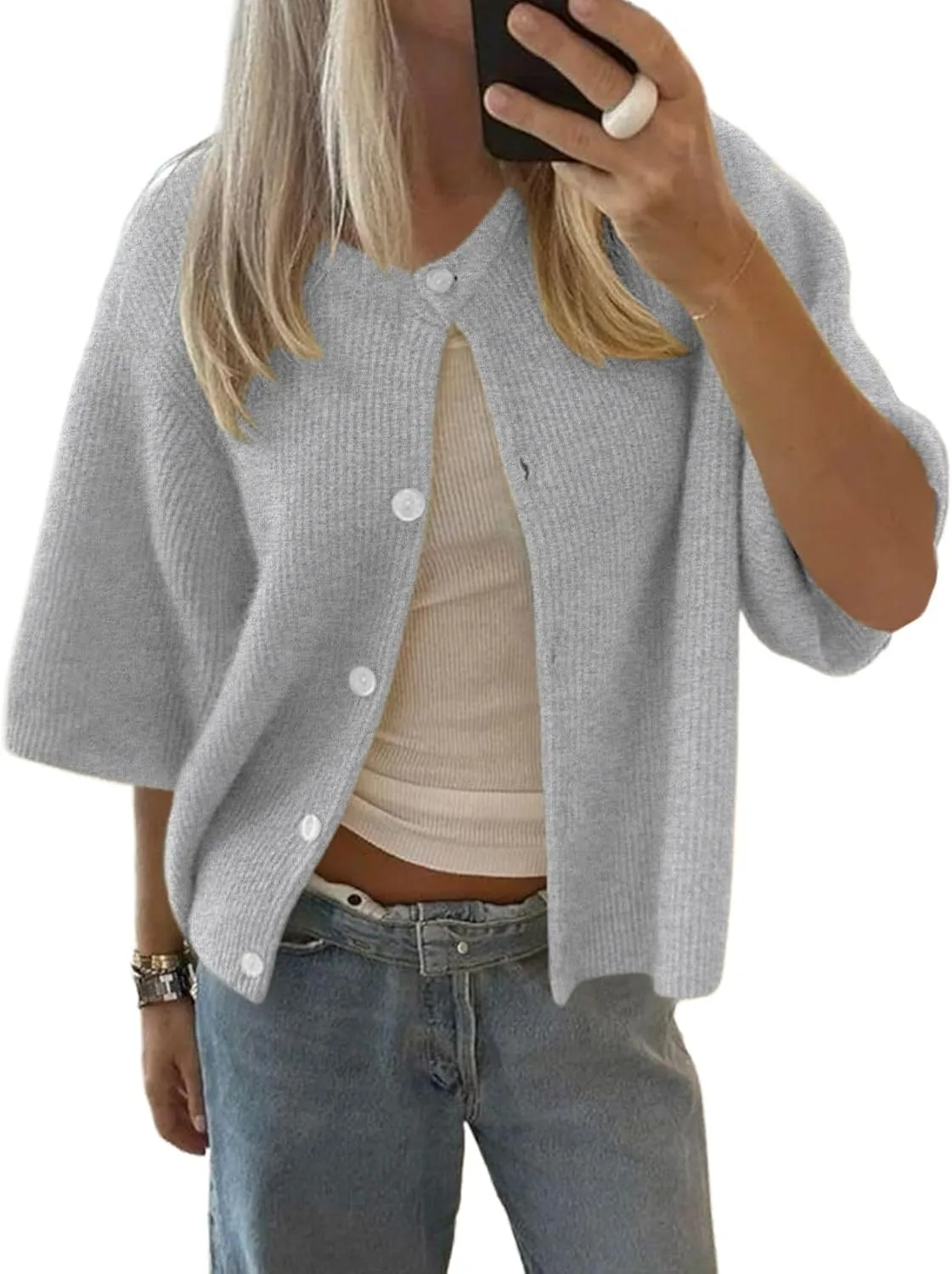 BAIGRAM Women Button Up Short Sleeve Cardigan Crew Neck Cropped Oversized Sweaters Cute Going Out Knit Y2K Tops