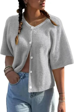 BAIGRAM Women Button Up Short Sleeve Cardigan Crew Neck Cropped Oversized Sweaters Cute Going Out Knit Y2K Tops
