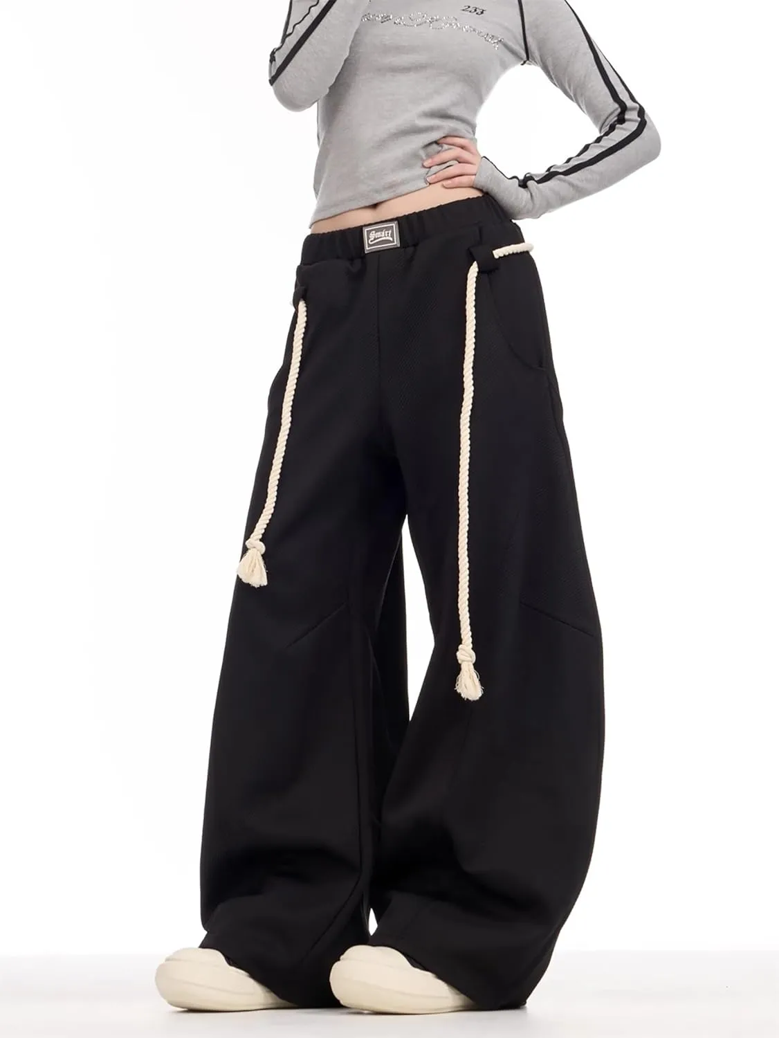 BAIMORE Women's Casual Slacks Elastic Waist Wide Leg Baggy Sweatpants with Tie Belt