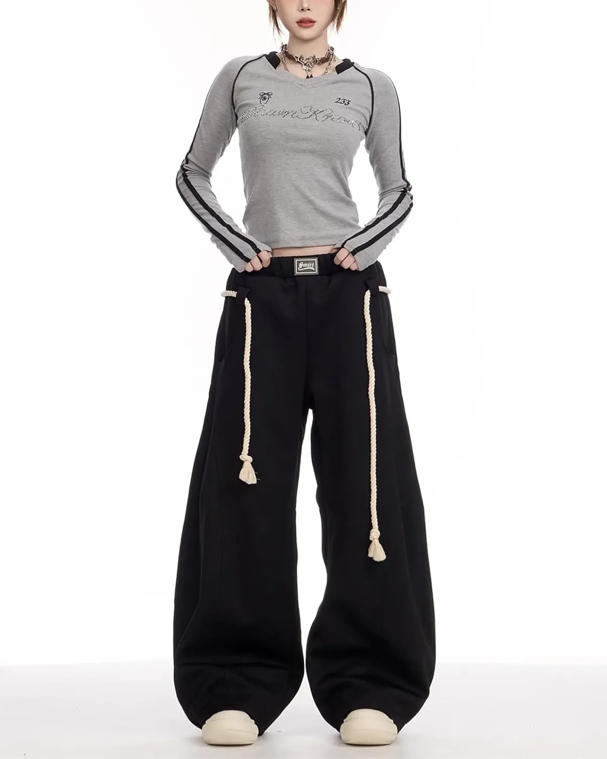 BAIMORE Women's Casual Slacks Elastic Waist Wide Leg Baggy Sweatpants with Tie Belt