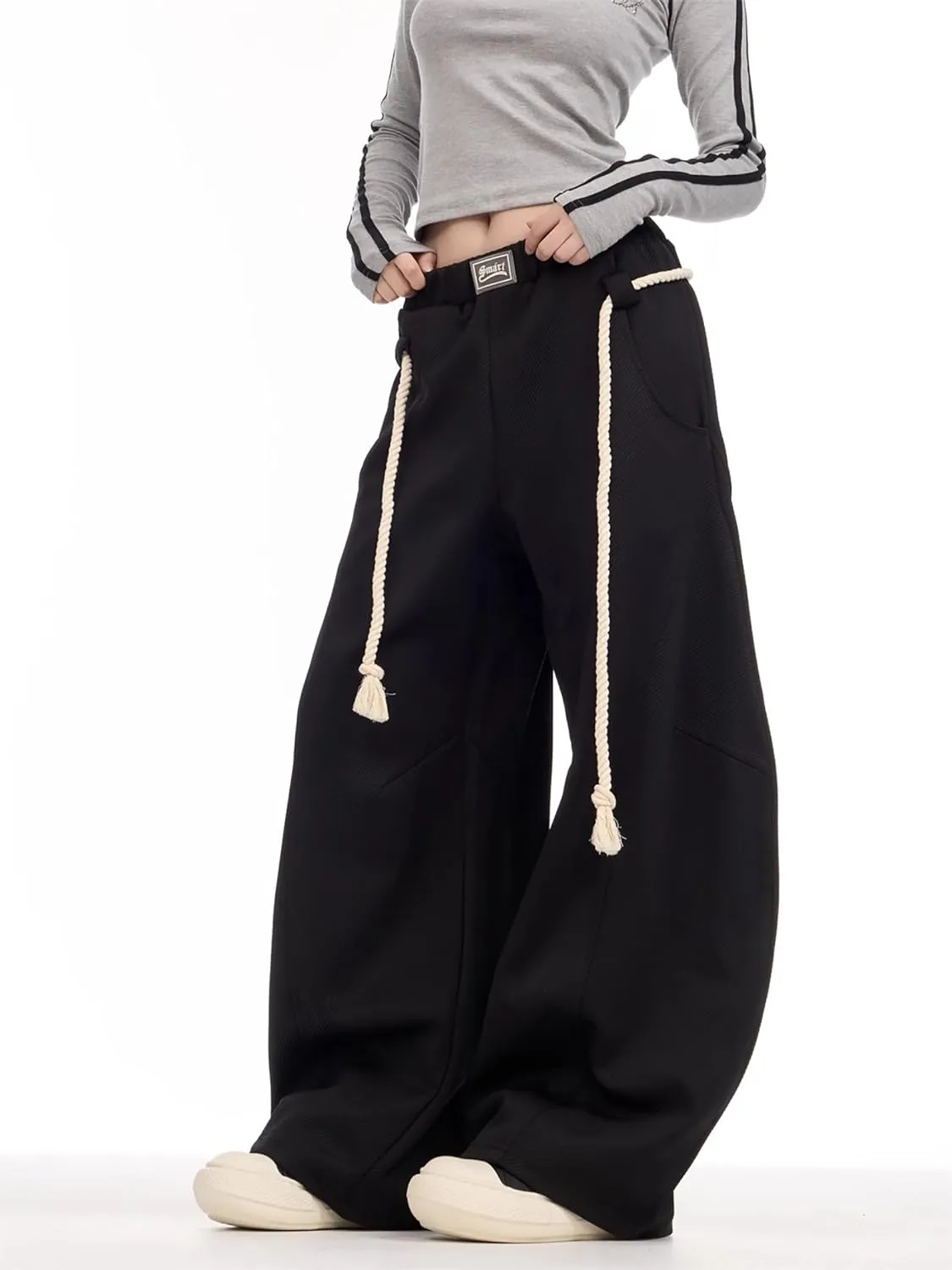 BAIMORE Women's Casual Slacks Elastic Waist Wide Leg Baggy Sweatpants with Tie Belt