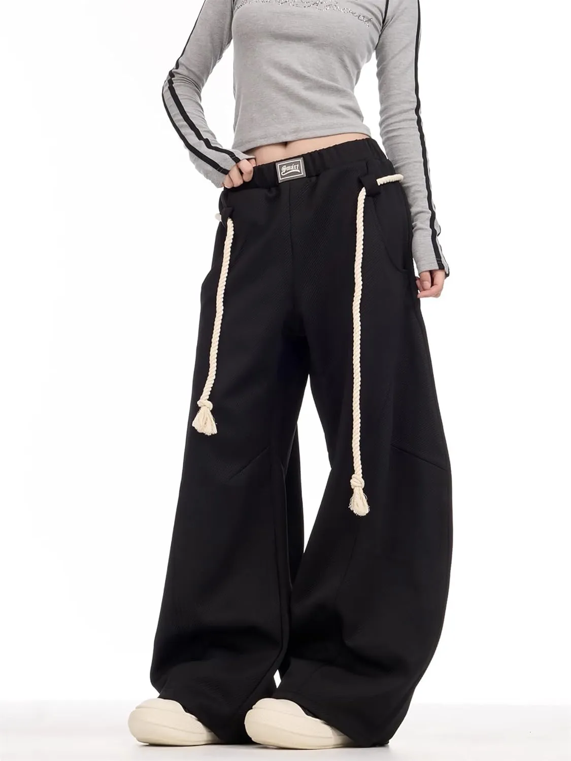 BAIMORE Women's Casual Slacks Elastic Waist Wide Leg Baggy Sweatpants with Tie Belt