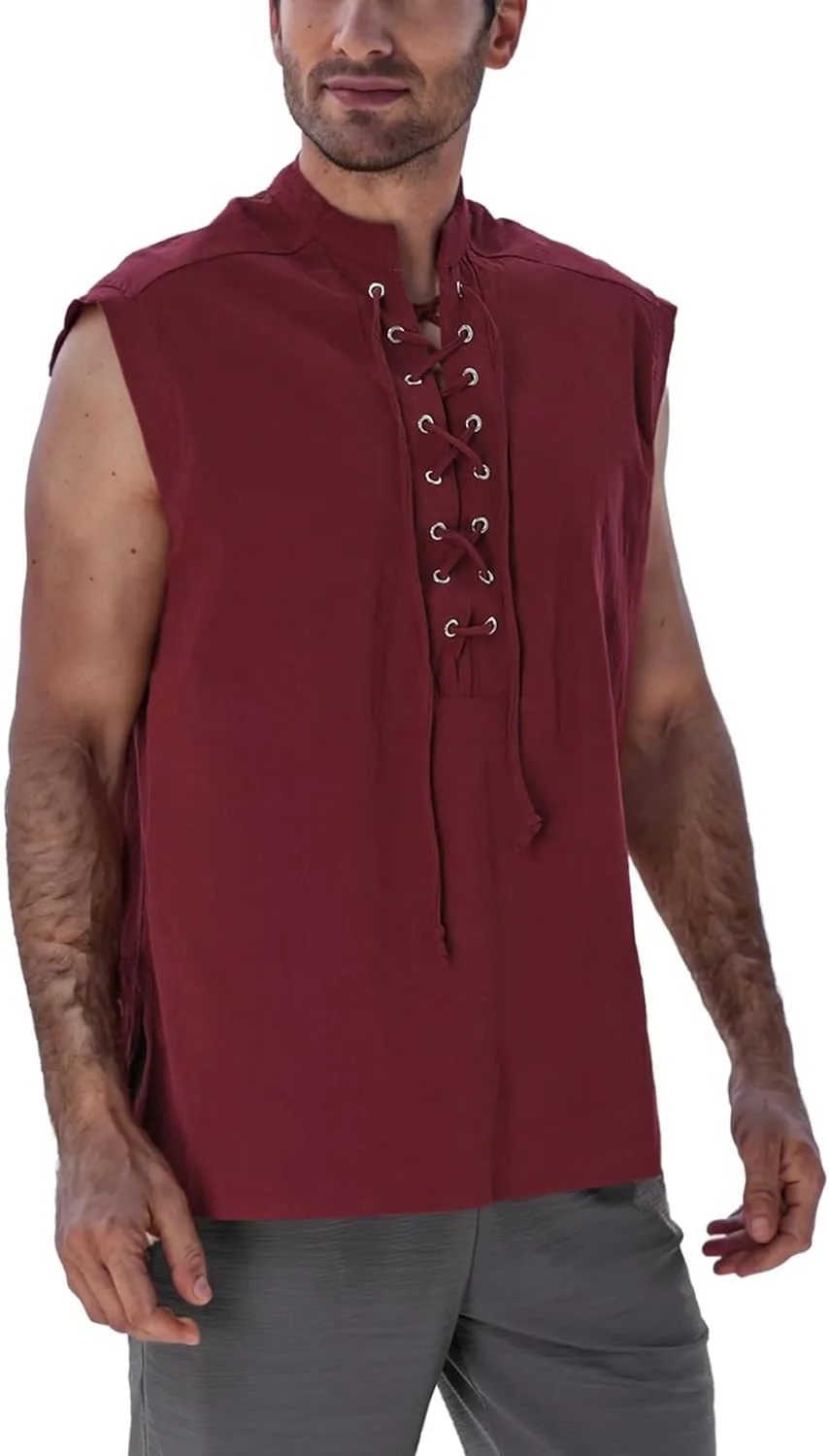 BAKUGOU Mens Medieval Lace Up Sleeveless Shirt Viking Renaissance Pirate Tunic Top Warrior Costume Vest for Men