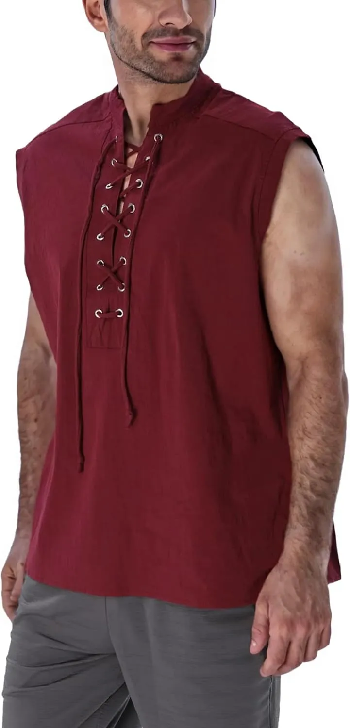 BAKUGOU Mens Medieval Lace Up Sleeveless Shirt Viking Renaissance Pirate Tunic Top Warrior Costume Vest for Men