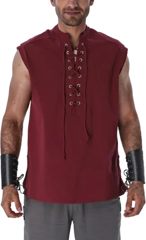BAKUGOU Mens Medieval Lace Up Sleeveless Shirt Viking Renaissance Pirate Tunic Top Warrior Costume Vest for Men