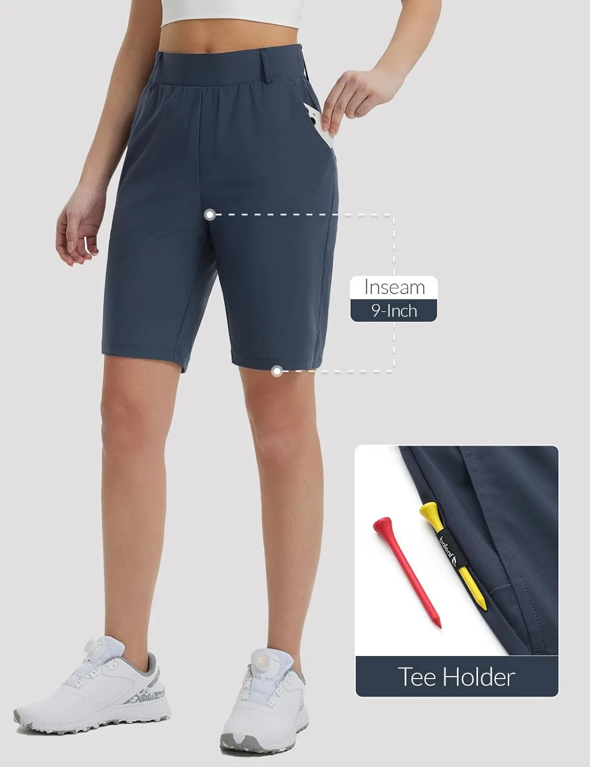 BALEAF Women's Golf Shorts 9'' Knee Length Stretch Bermuda Long Shorts Belt Loops Pockets Casual Work UPF 50 