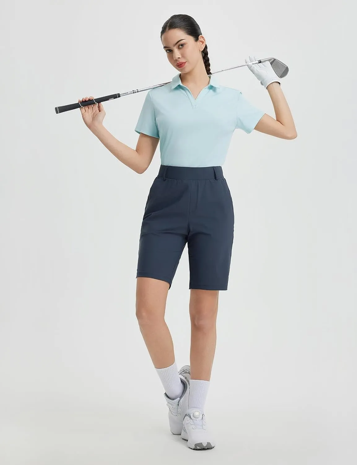 BALEAF Women's Golf Shorts 9'' Knee Length Stretch Bermuda Long Shorts Belt Loops Pockets Casual Work UPF 50 