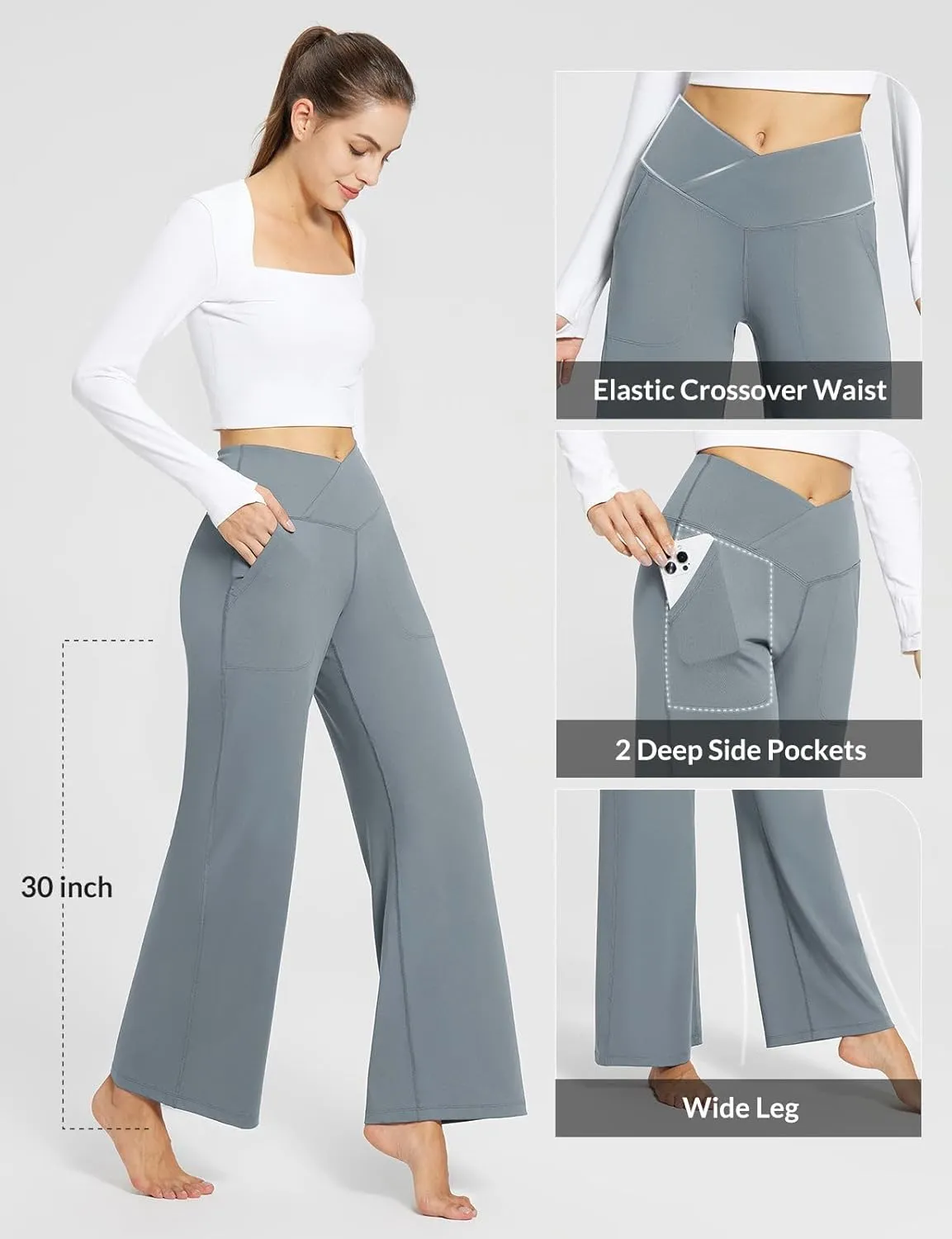 baleaf Womens Wide Leg Dress Pants Stretch High Waist Yoga Pants Casual Slacks Pockets Pull On Travel Petite Plus Size