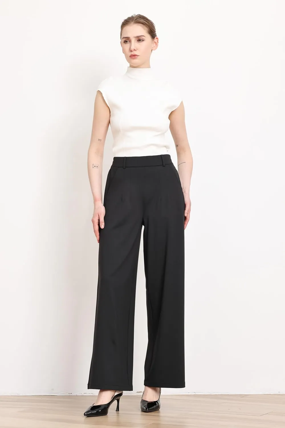 Balleay Art Dress Pants Women High Waisted Loose Stretch Wide Leg Trousers Work Business Casual Ladies Slacks with Pockets