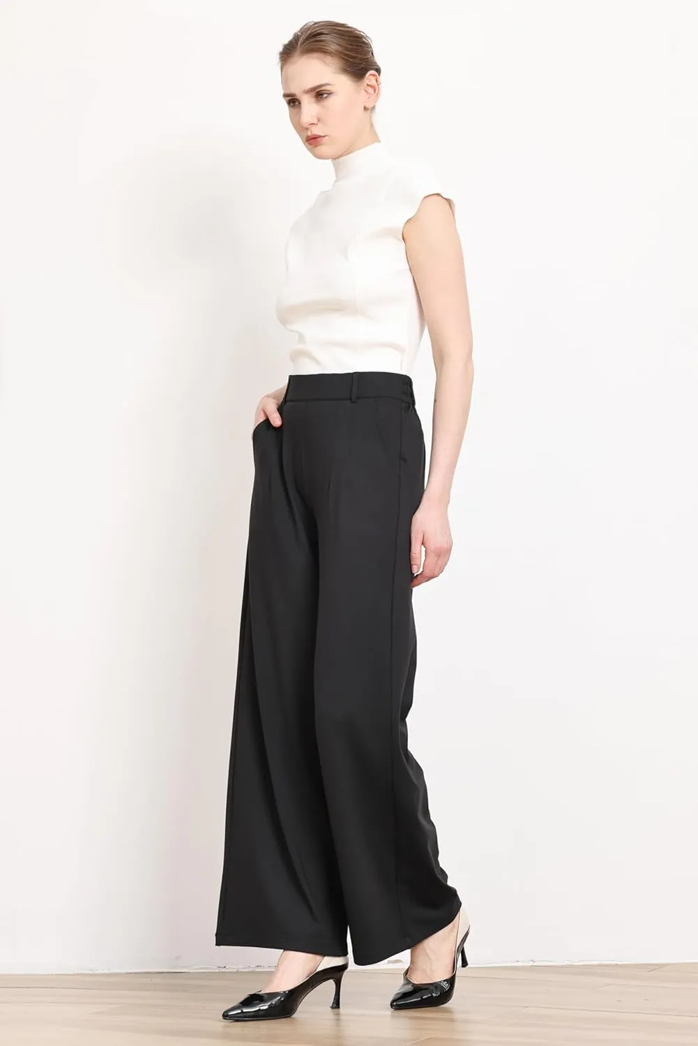 Balleay Art Dress Pants Women High Waisted Loose Stretch Wide Leg Trousers Work Business Casual Ladies Slacks with Pockets