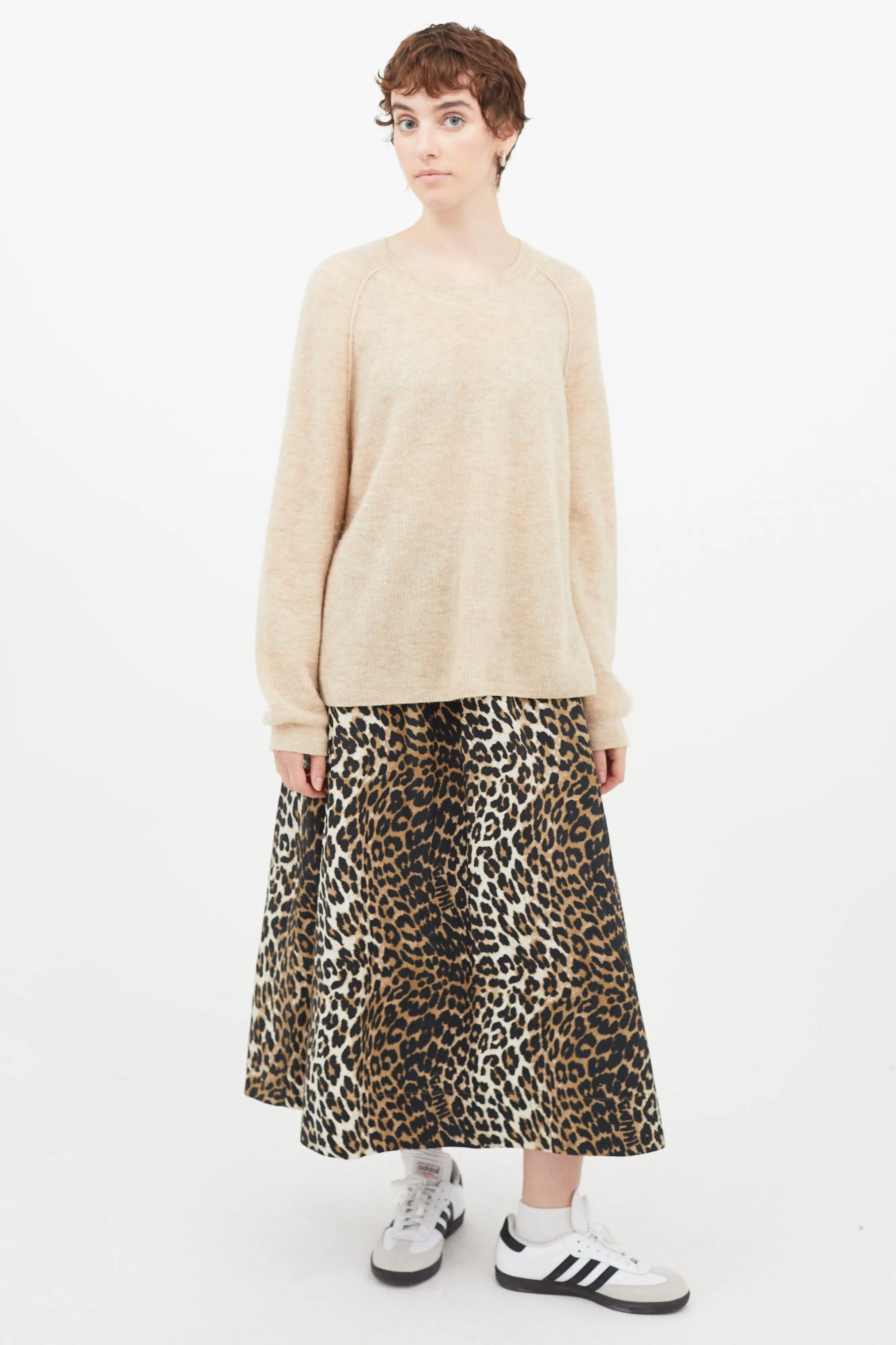 Beige Ribbed Knit Sweater