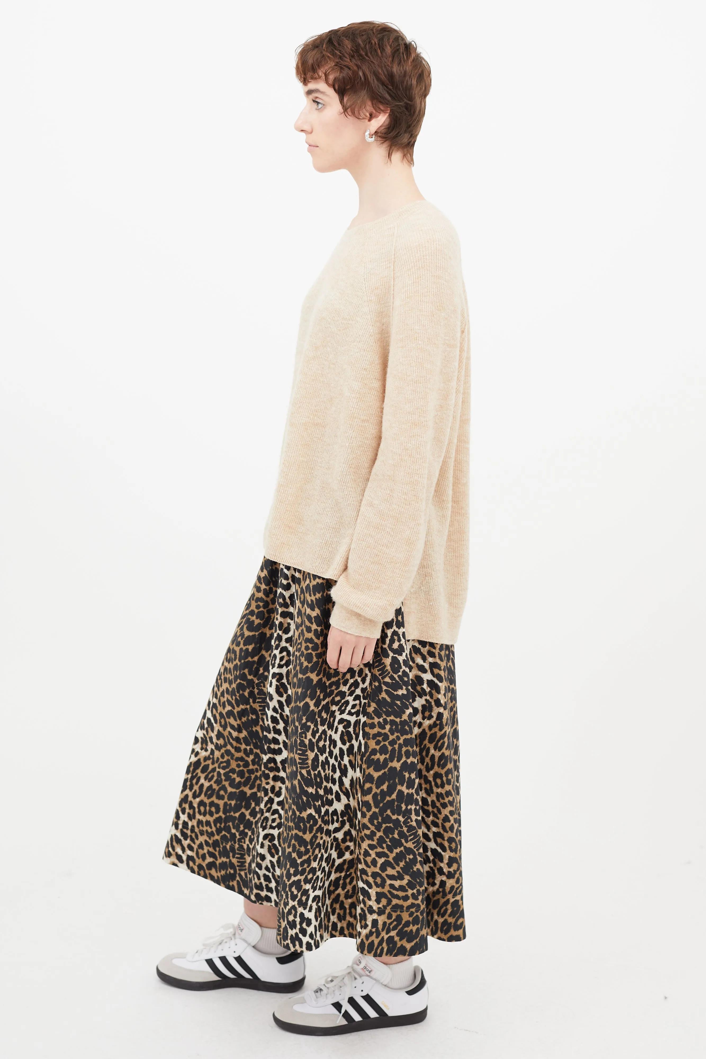 Beige Ribbed Knit Sweater