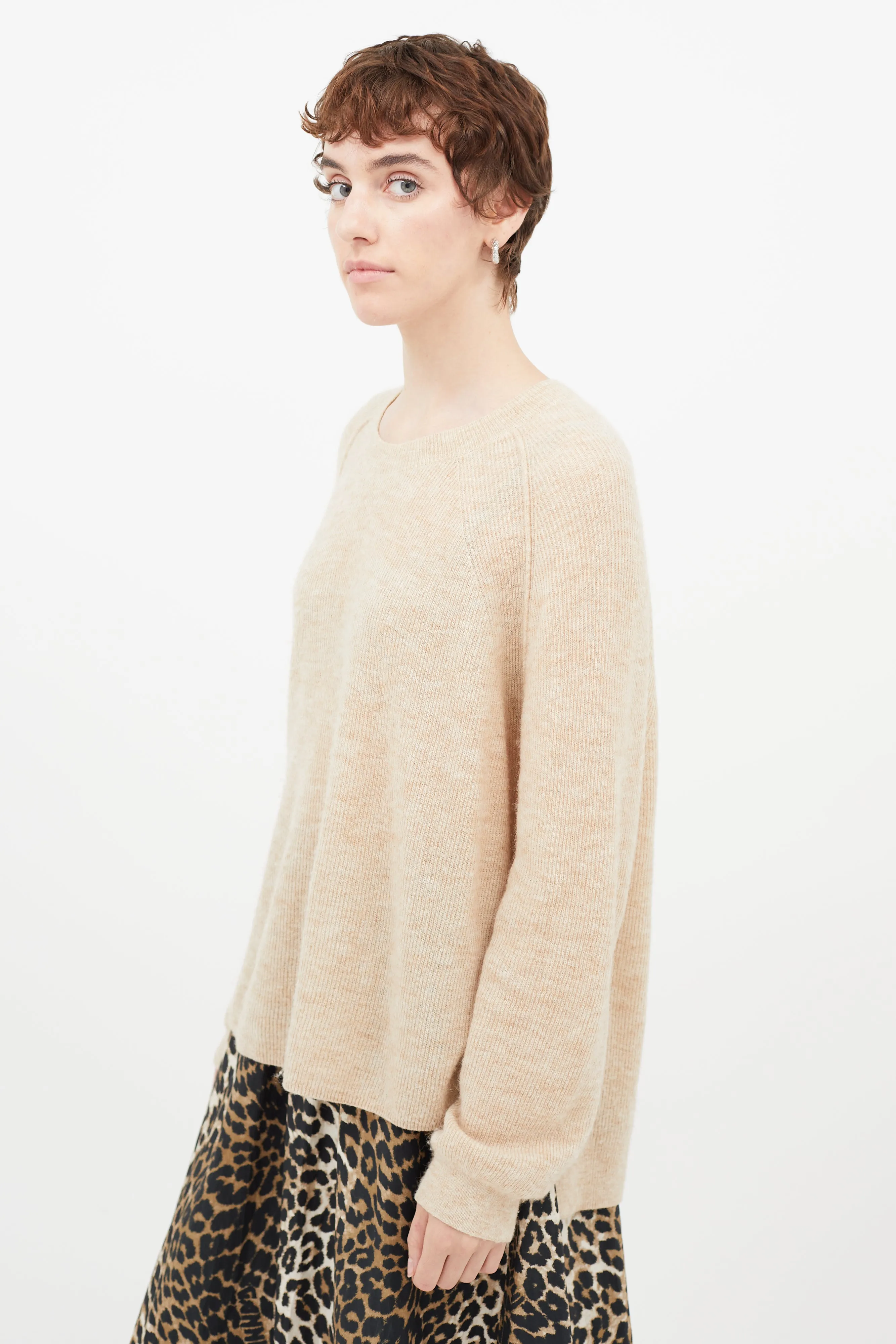 Beige Ribbed Knit Sweater
