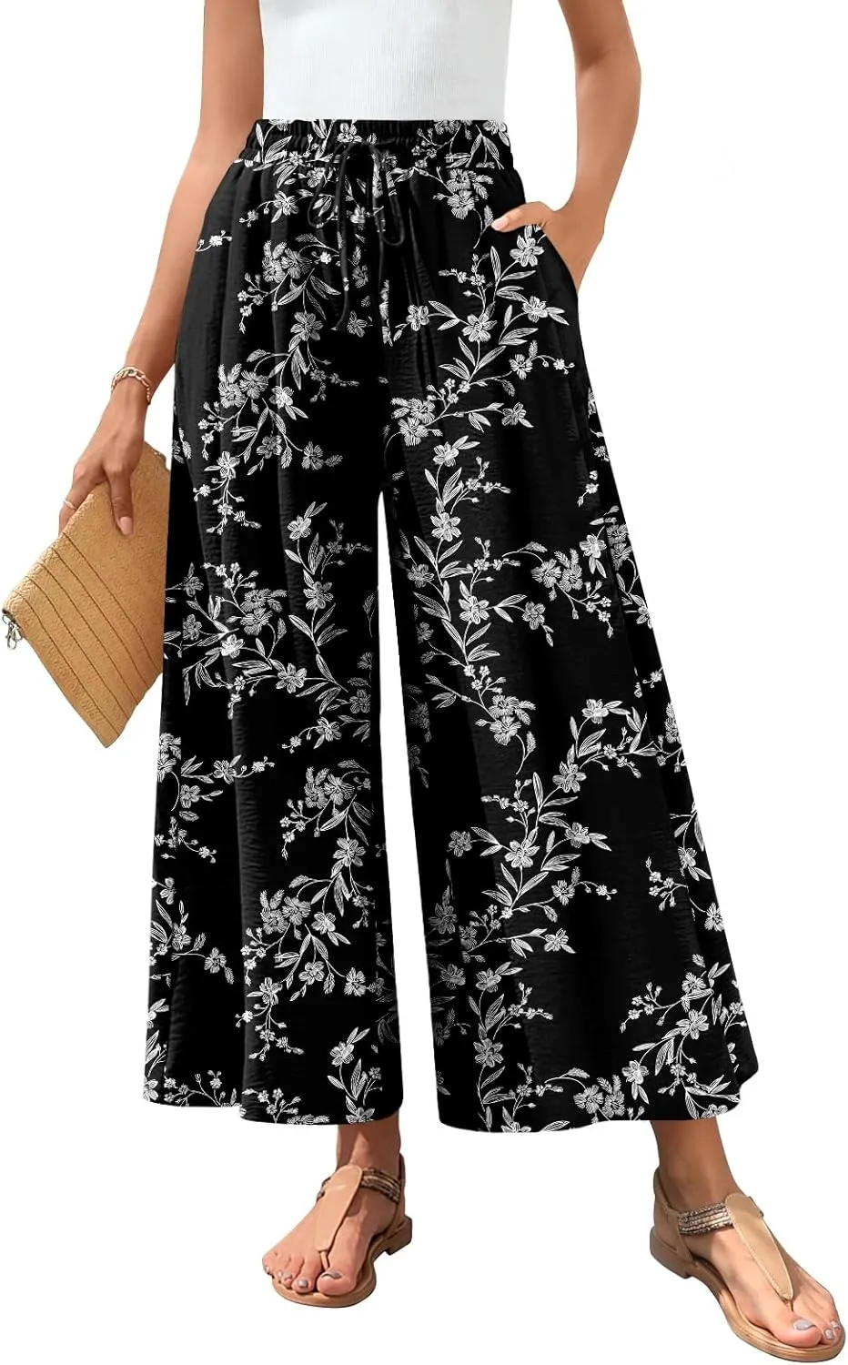 Bestbee Women's Palazzo Pants Dressy Casual Wide Leg Slacks Elastic Waist with Pockets