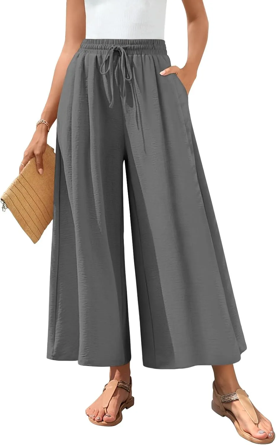 Bestbee Women's Palazzo Pants Dressy Casual Wide Leg Slacks Elastic Waist with Pockets