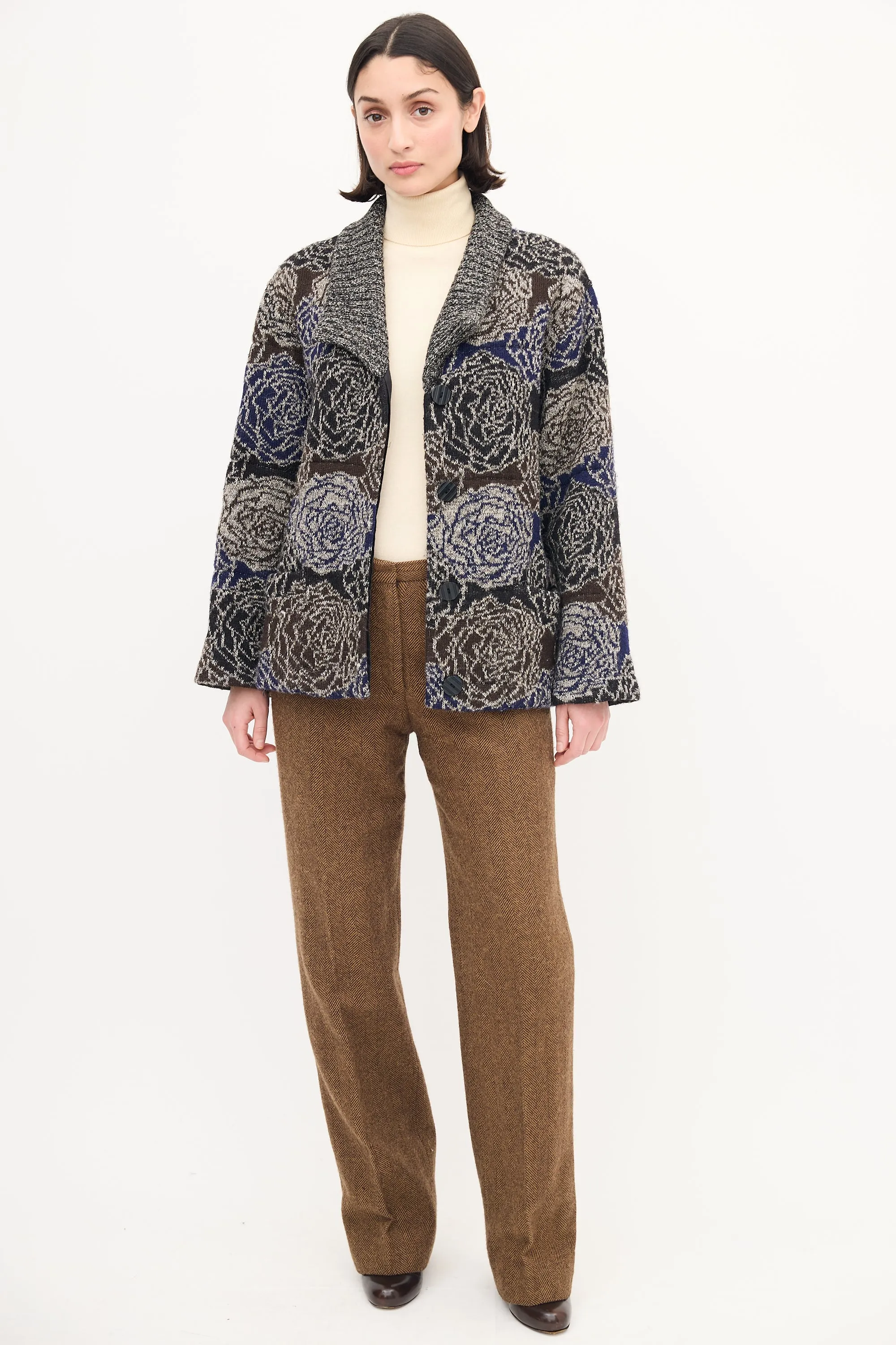 Black & Multi Wool Knit Rose Cardigan