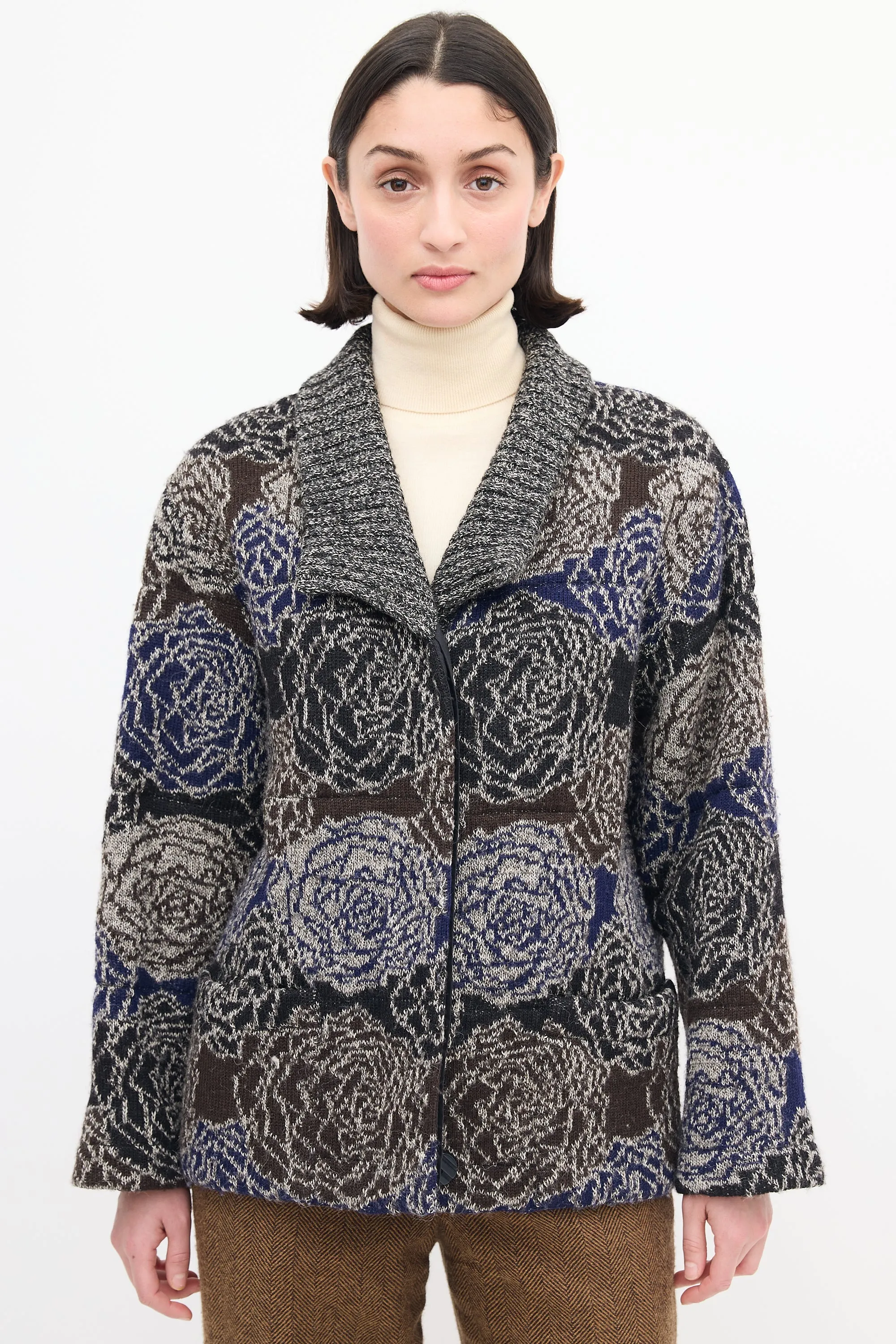 Black & Multi Wool Knit Rose Cardigan