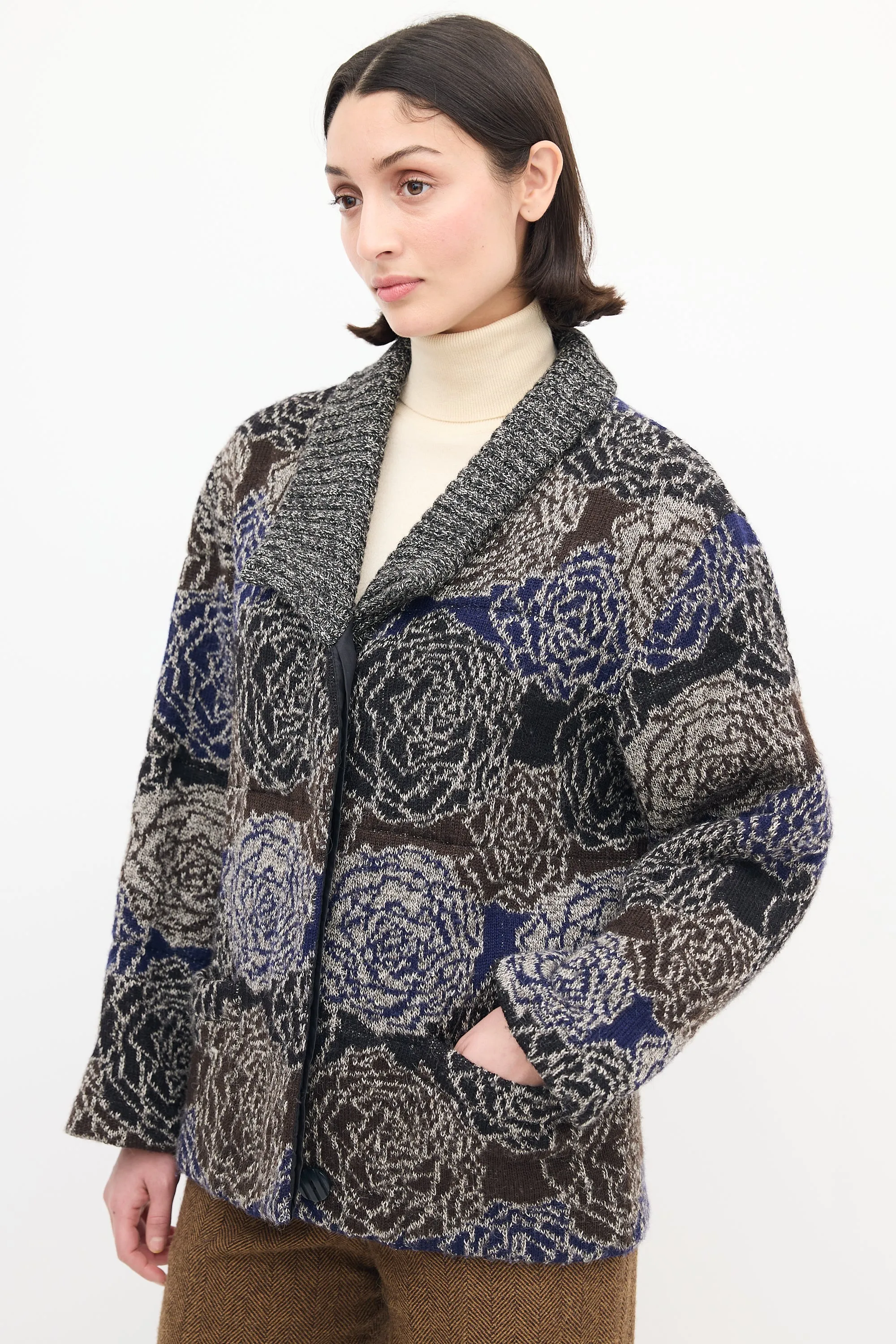 Black & Multi Wool Knit Rose Cardigan