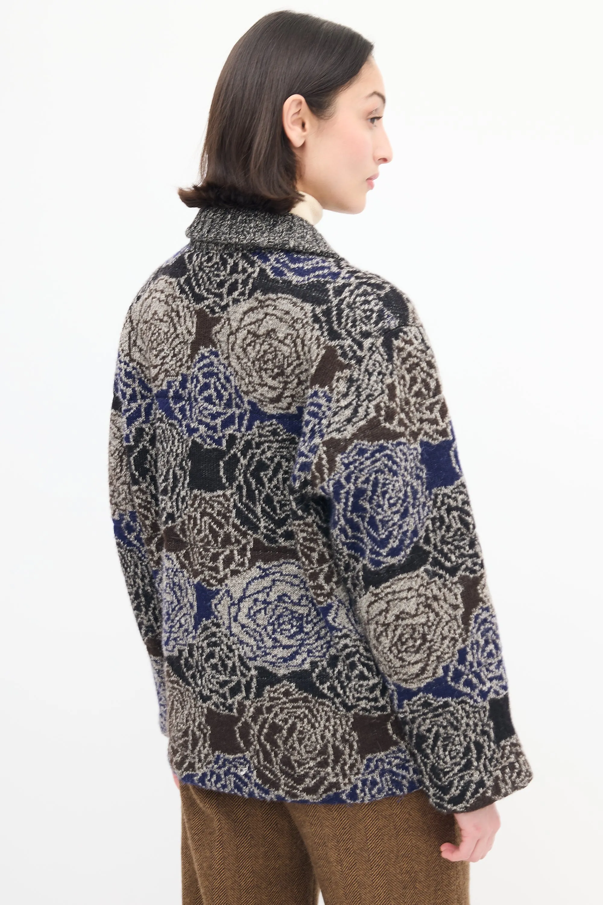 Black & Multi Wool Knit Rose Cardigan