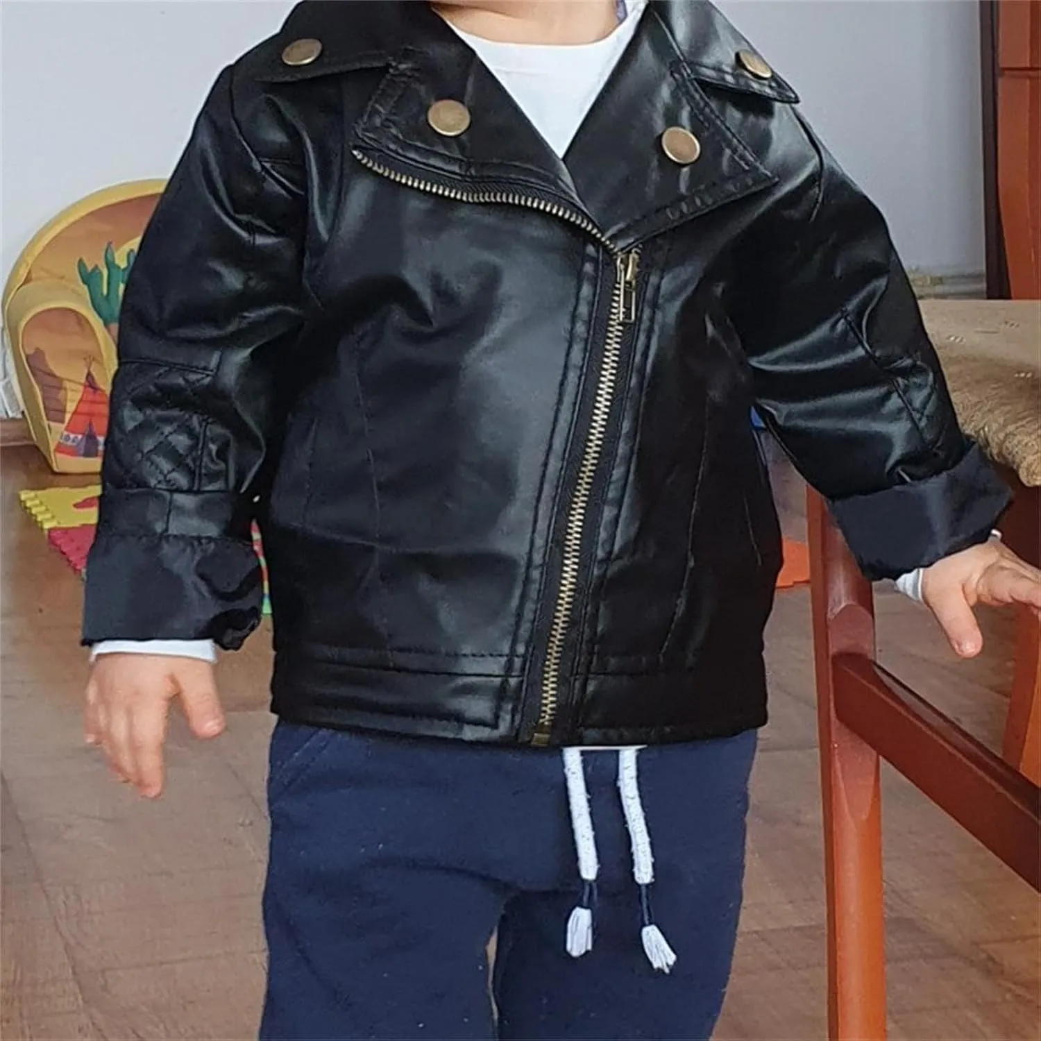 Black Leather Jacket for Toddler Girl Boy Zip up Jacket Crop Motorcycle Outerwear Coats Kids Fall Fashion Clothes