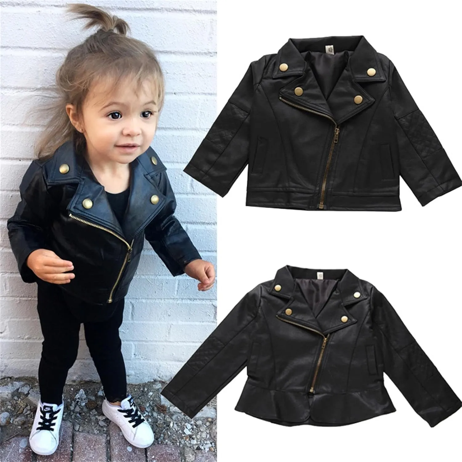 Black Leather Jacket for Toddler Girl Boy Zip up Jacket Crop Motorcycle Outerwear Coats Kids Fall Fashion Clothes