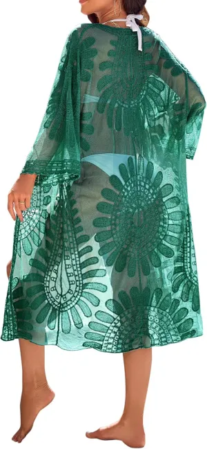 Blooming Jelly Womens Bathing Suit Cover Up 3/4 Sleeve Mesh Swimsuit Coverup Long Floral Beach Lace Kimono Summer Cardigan