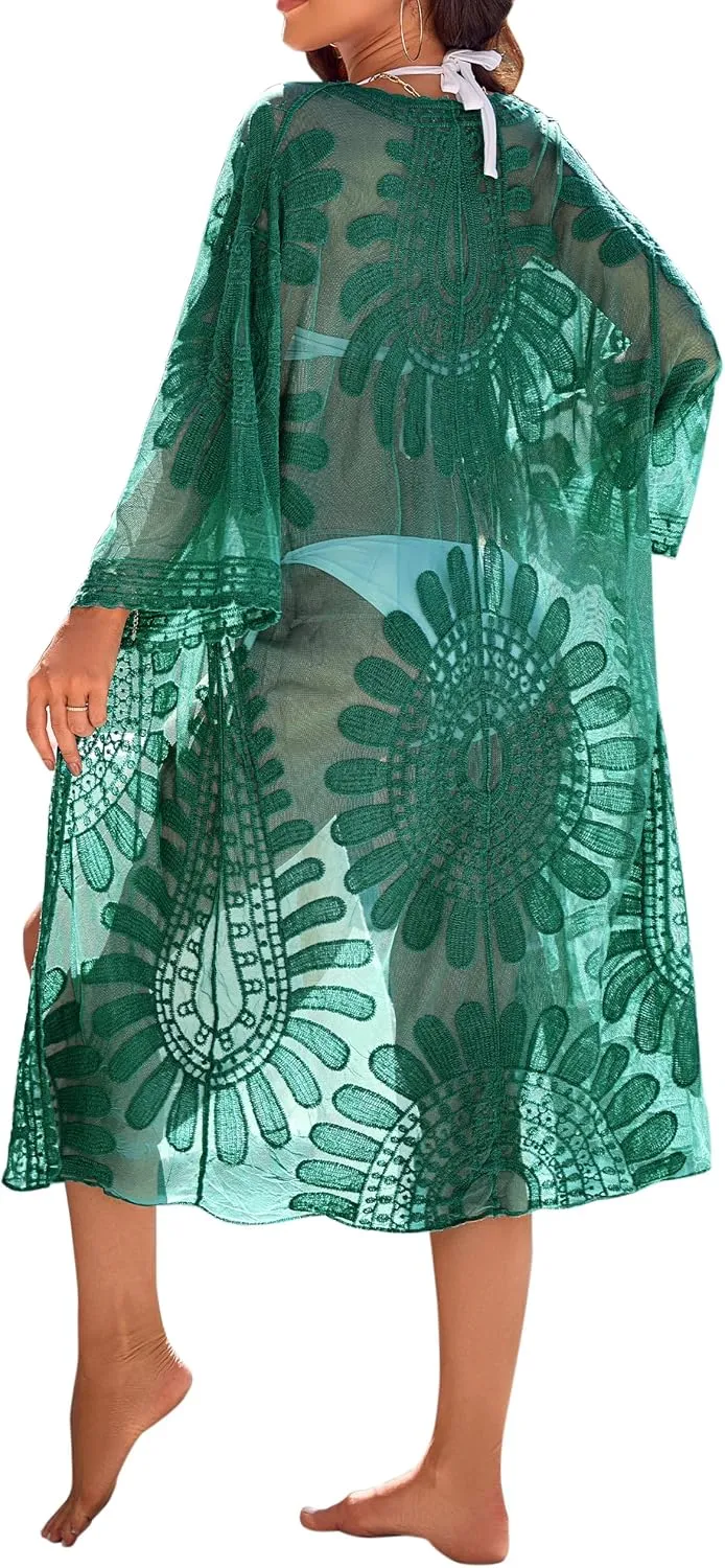 Blooming Jelly Womens Bathing Suit Cover Up 3/4 Sleeve Mesh Swimsuit Coverup Long Floral Beach Lace Kimono Summer Cardigan