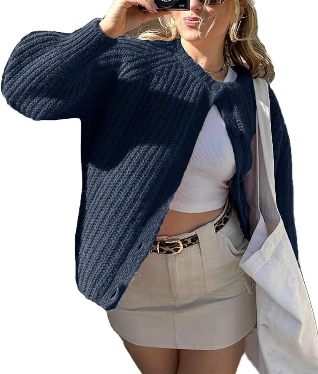 Bocymolay Womens Cardigan Sweaters Casual Button Down Crewneck Knitted Jacket Loose Fall Chunky Outwear